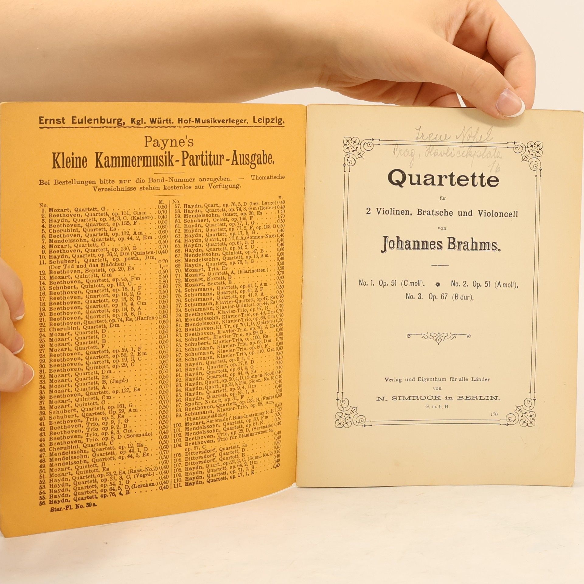 Johannes Brahms Op. 51, No. 1. Quartett C-moll für zwei Violinen, Viola und Violoncell Preis: I M. 20 Pf. Verlag und Eigenthum für alle Länder von N. Simrock, Berlin