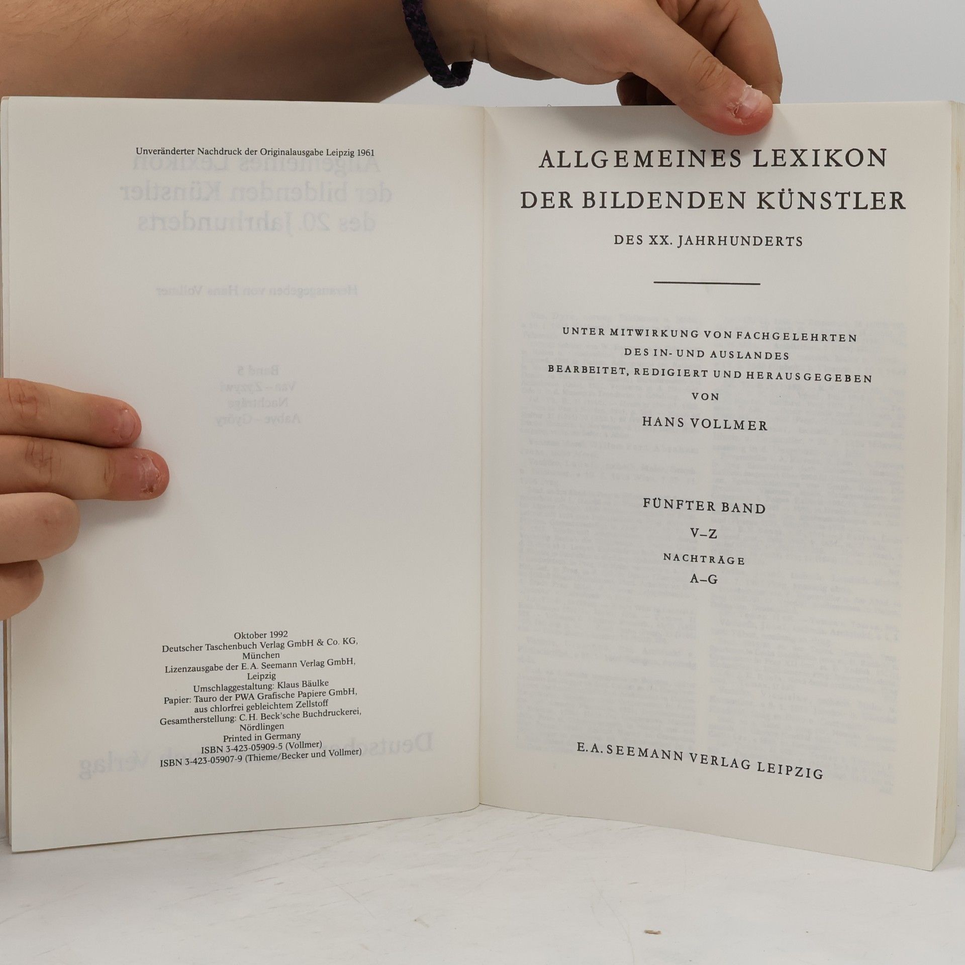 Hans Vollmer Allgemeines Lexikon der bildenden Künstler des XX. Jahrhunderts Band 5. Vaa - Zyzywi. Nachträge Aabye - Györy
