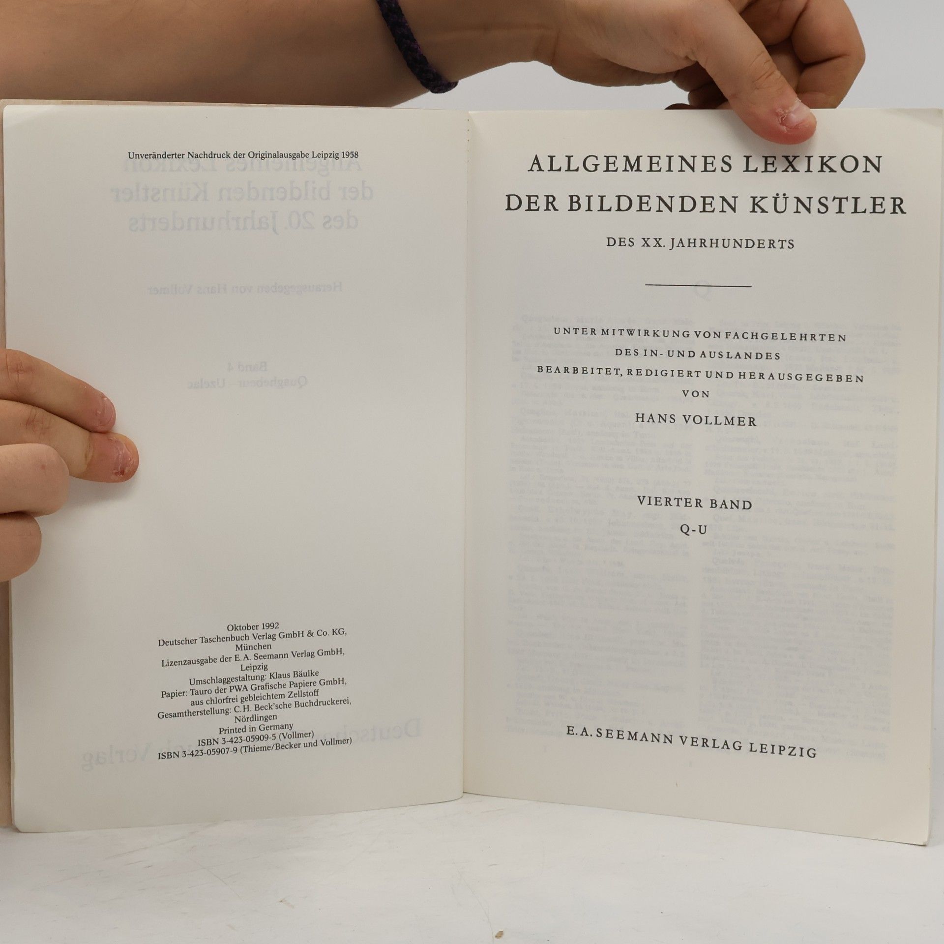 Hans Vollmer Allgemeines Lexikon der bildenden Künstler Band 4. Quaghebeur bis Uzelac