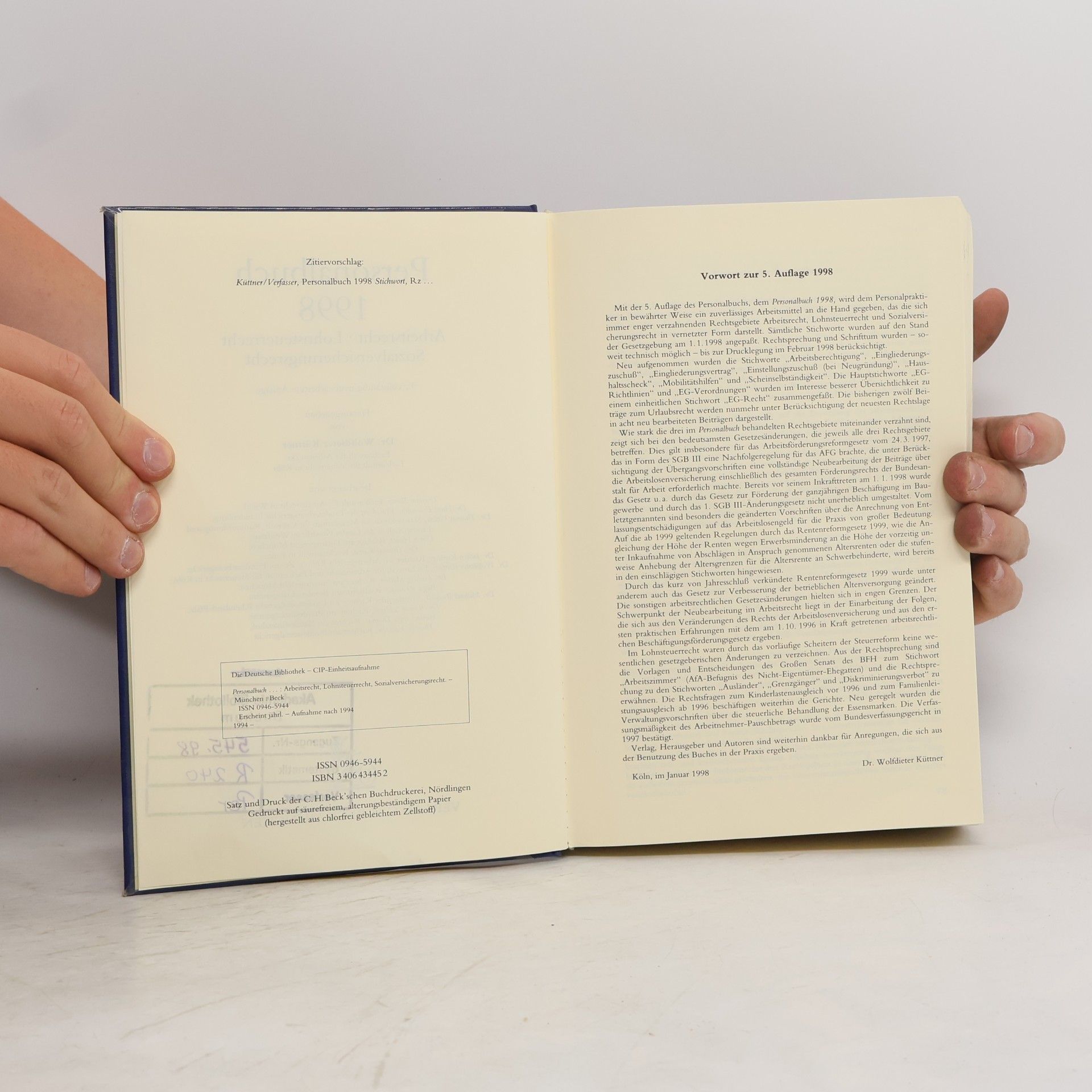 Wolfdieter Küttner Personalbuch 1998. Arbeitsrecht - Lohnsteuerrecht - Sozialversicherungsrecht - 5. Auflage