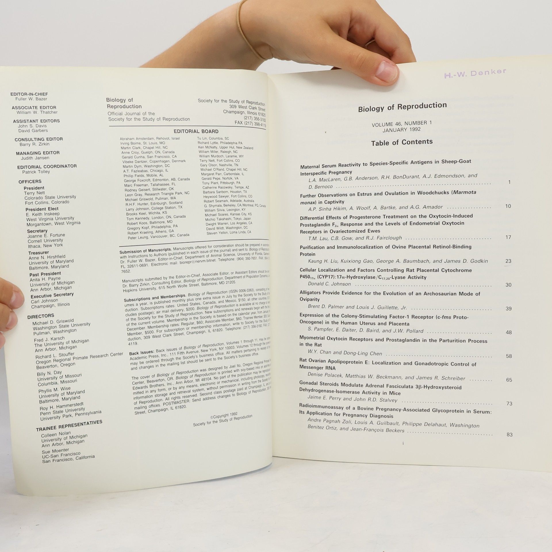 Various authors Biology of Reproduction 1/1992, Vol. 46, Number 1