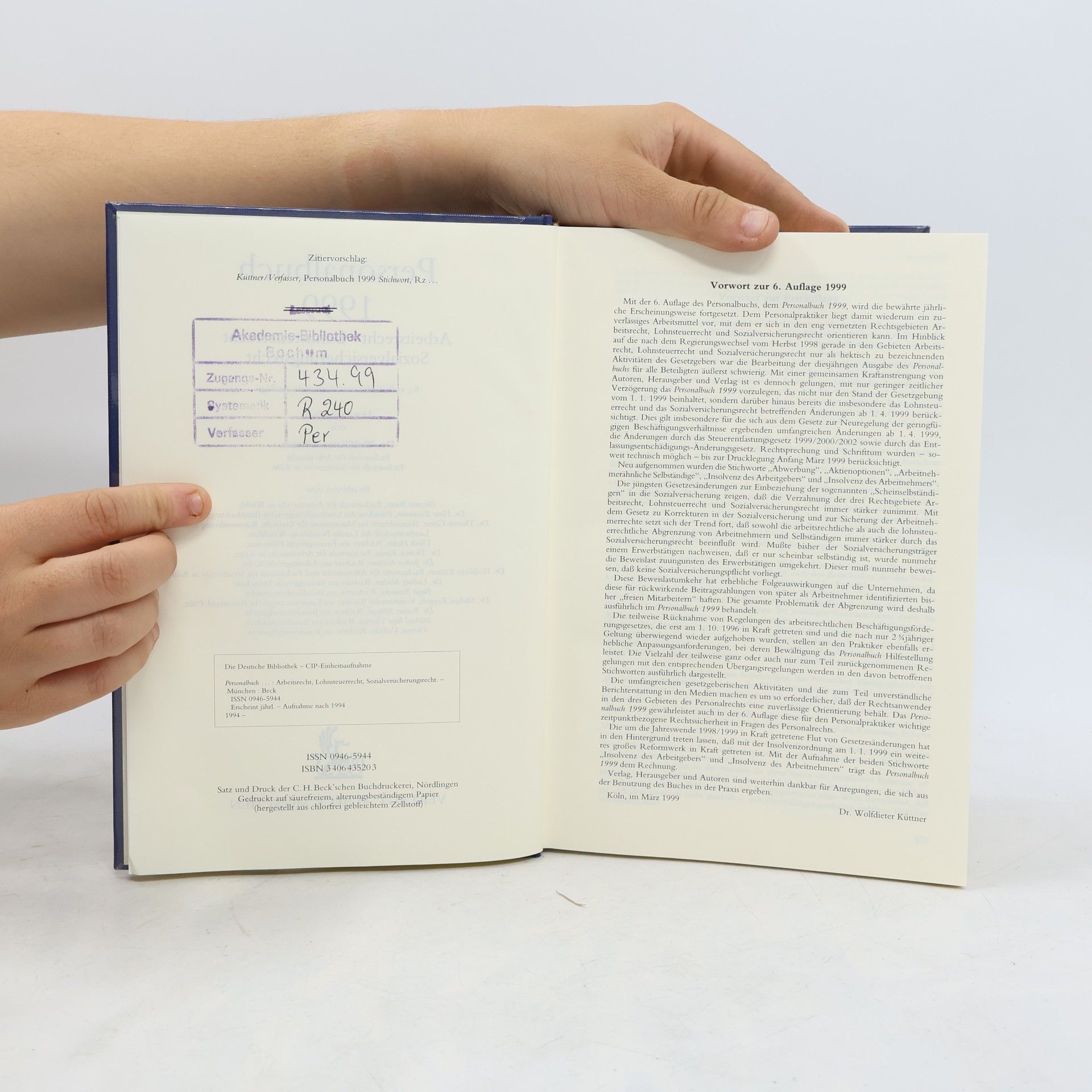Wolfdieter Küttner Personalbuch 1999. Arbeitsrecht - Lohnsteuerrecht - Sozialversicherungsrecht - 6. Auflage