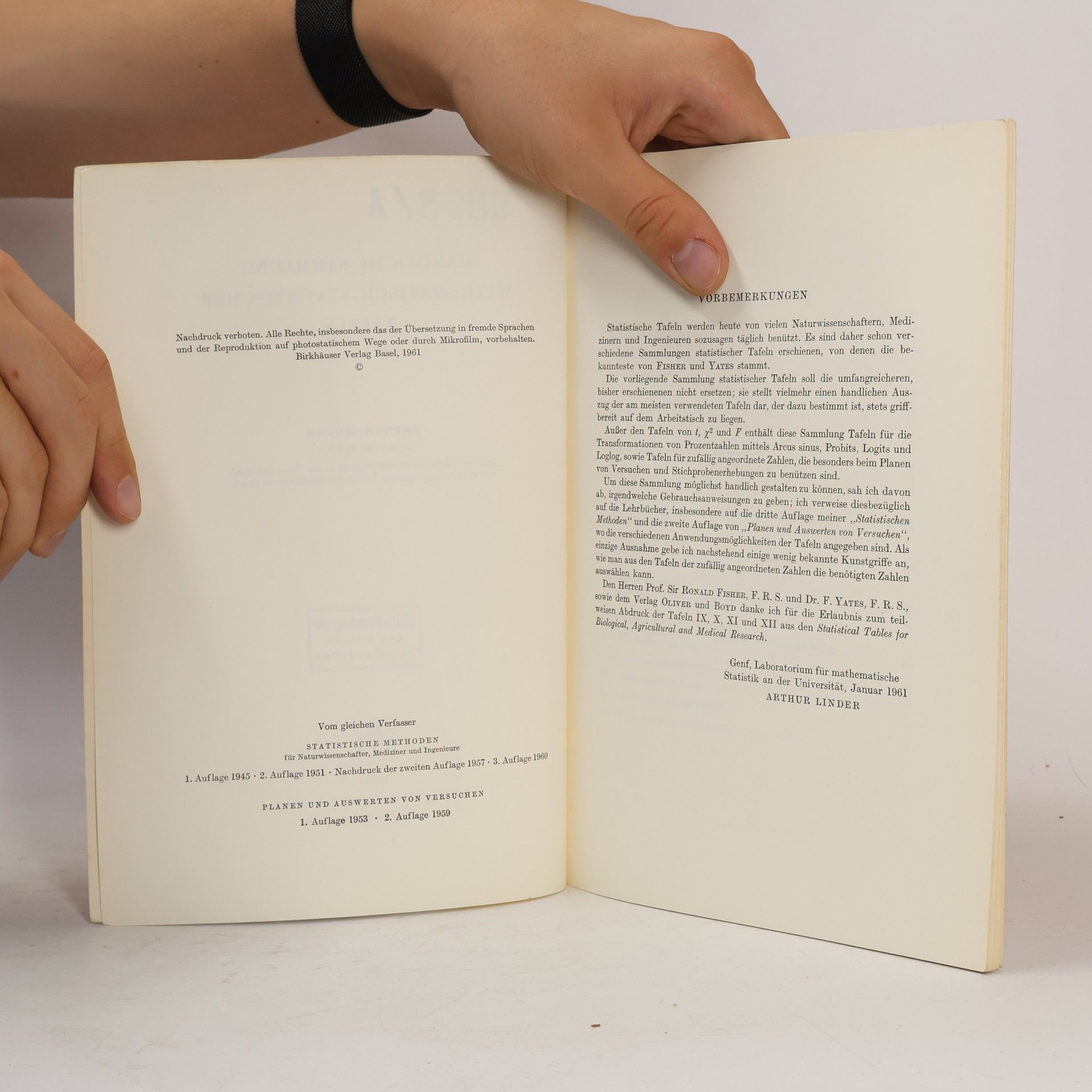 Arthur Linder Anschauliche Sammlung mathematisch-statistischer Tafeln