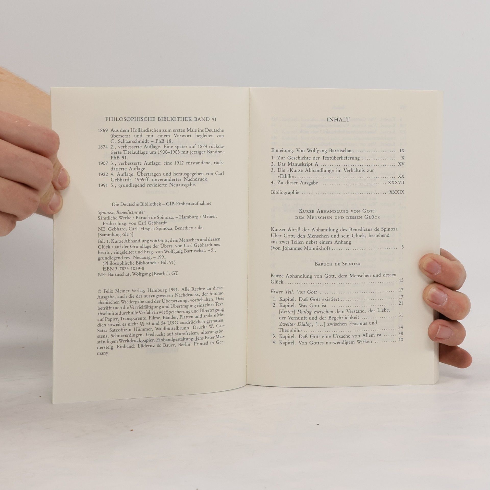 Baruch Spinoza Philosophische Bibliothek - 91: Kurze Abhandlung von Gott, dem Menschen und dessen Glück
