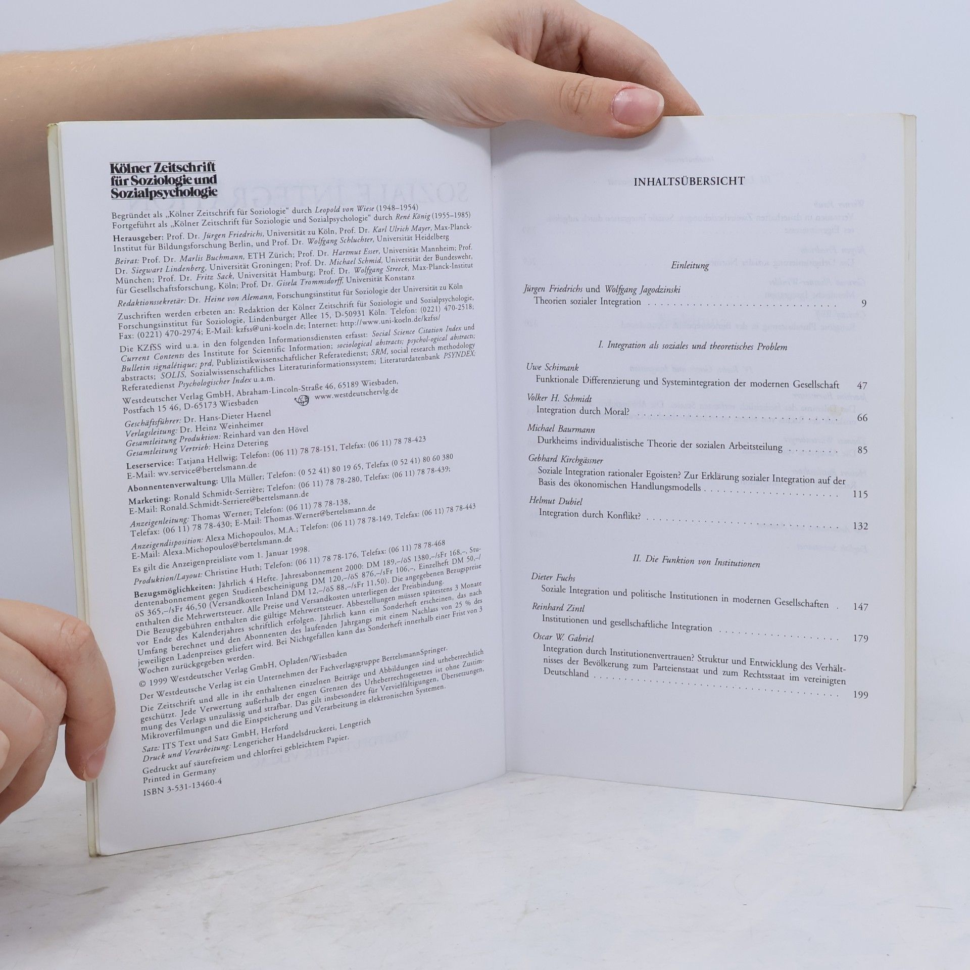 Jürgen Friedrichs Kölner Zeitschrift für Soziologie und Sozialpsychologie Sonderhefte - 39: Soziale Integration