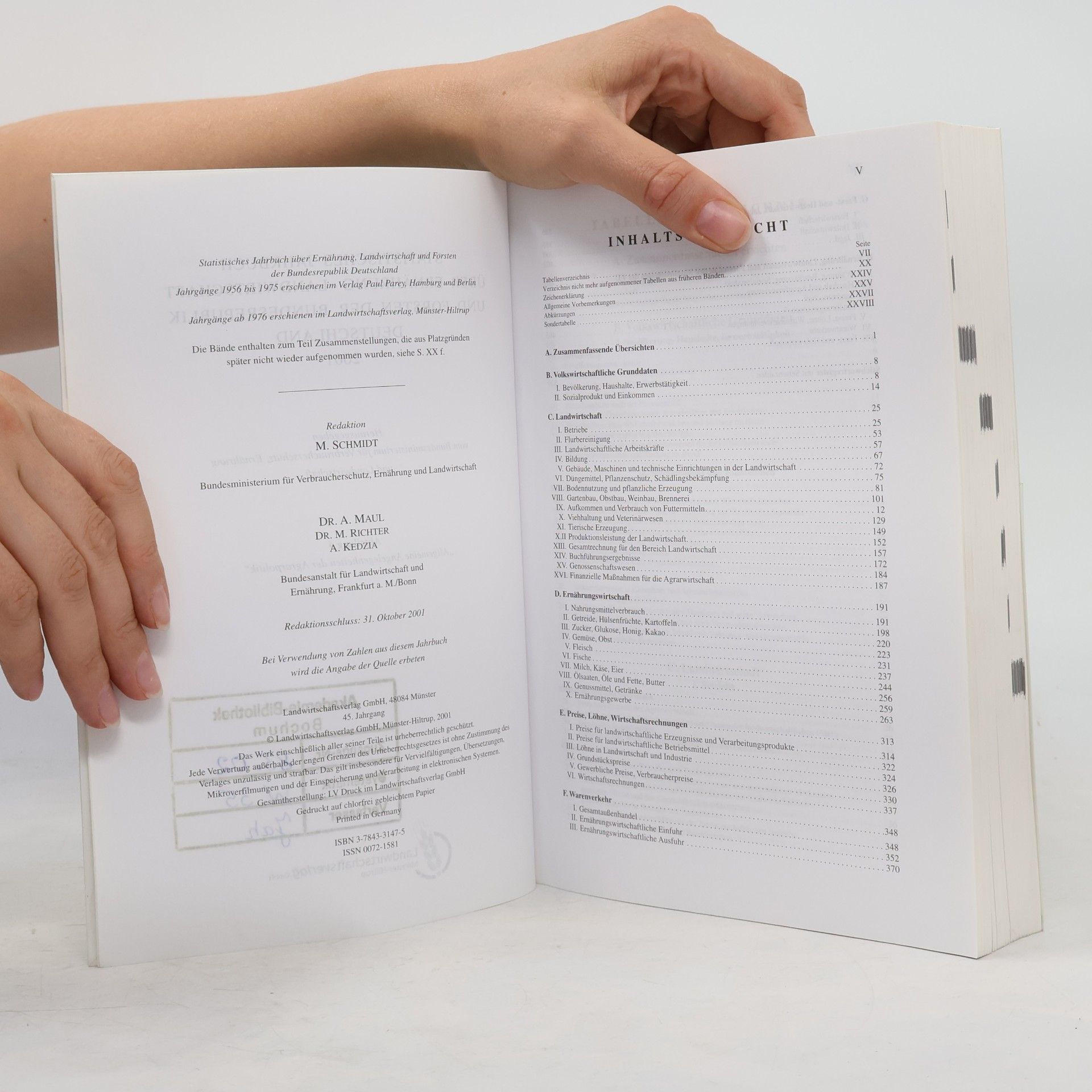 Bundesministerium für Verbraucherschutz, Ernährung und Landwirtschaft Statistisches Jahrbuch über Ernährung Landwirtschaft und Forsten 2001