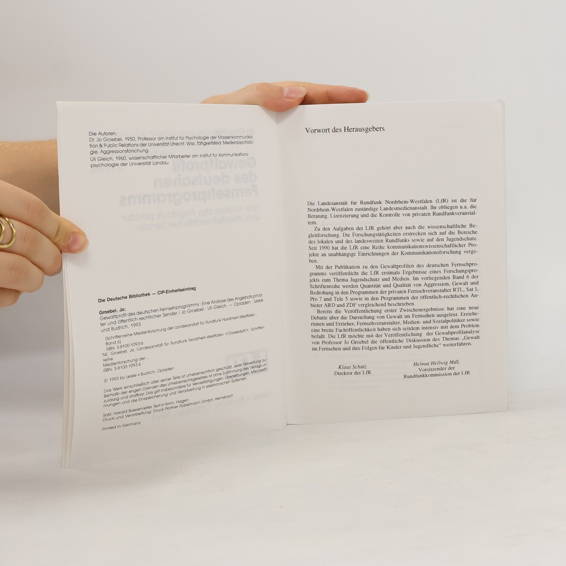 Jo Groebel Schriftenreihe Medienforschung der Landesanstalt für Rundfunk Nordrhein-Westfalen - 6: Gewaltprofil des deutschen Fernsehprogramms