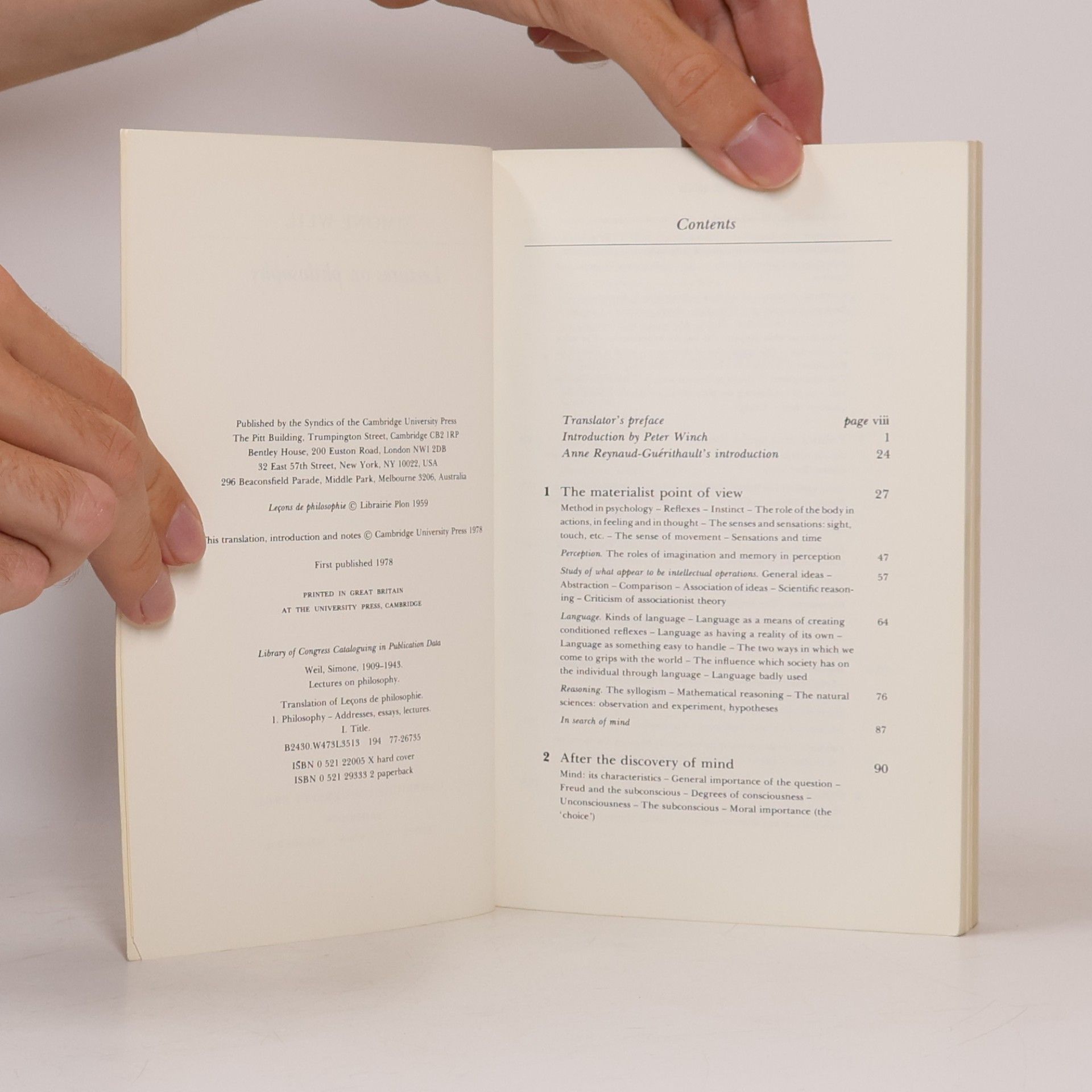 Simone Weil Lectures on Philosophy - Translated by Hugh Price, With an Introduction by Peter Winch