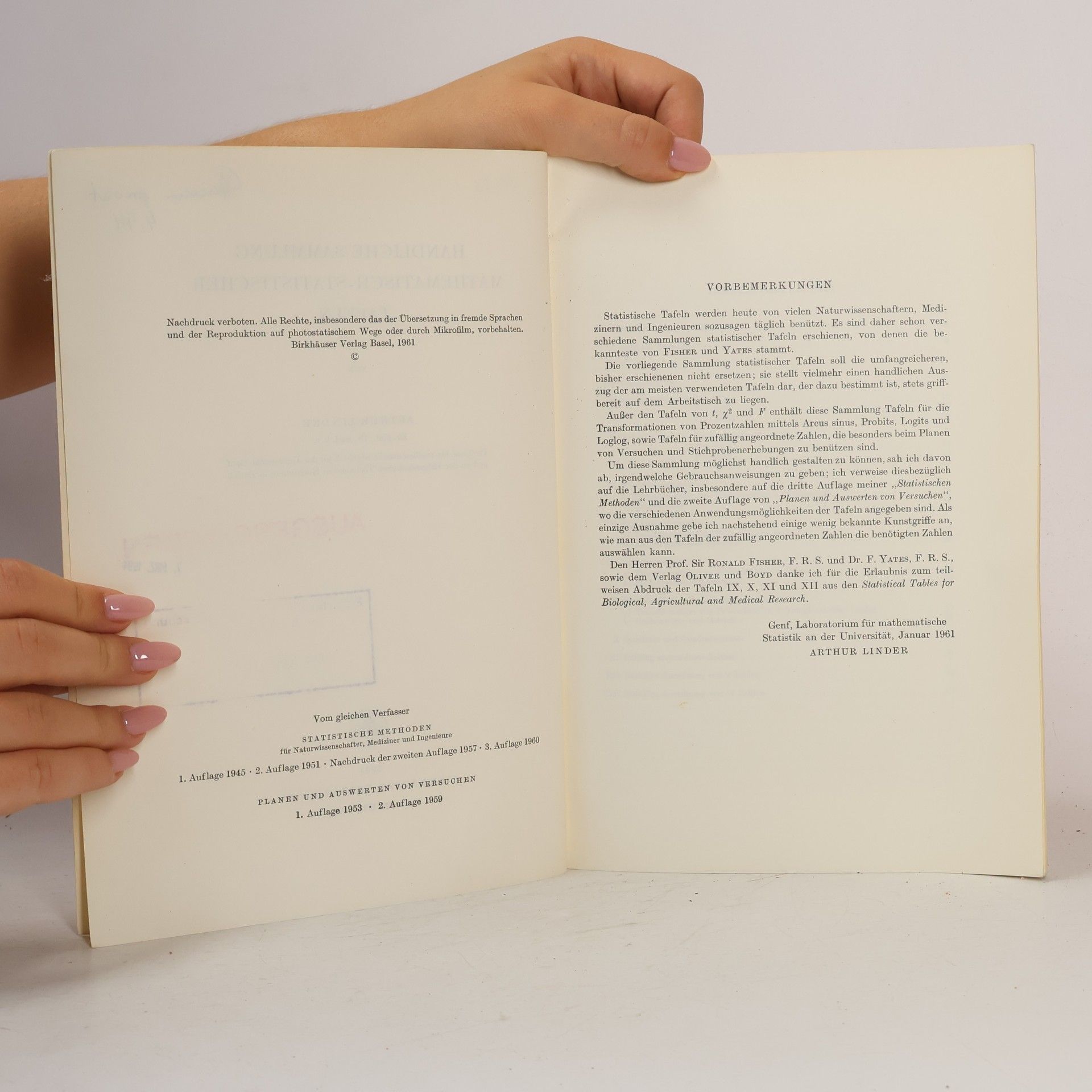 Arthur Linder Anschauliche Sammlung mathematisch-statistischer Tafeln