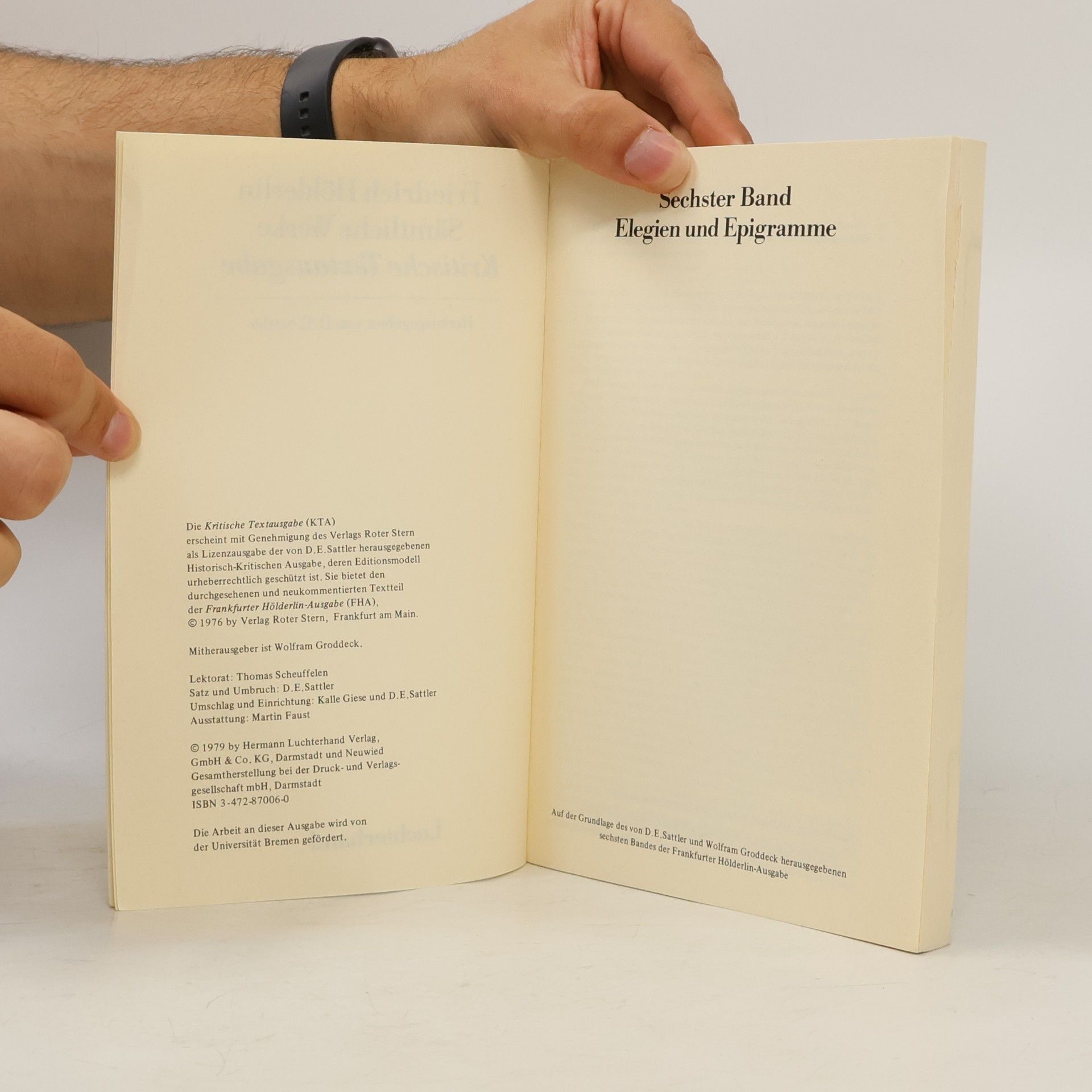 Friedrich Hölderlin Sämtliche Werke. Kritische Textausgabe. Band 6. Elegien und Epigramme