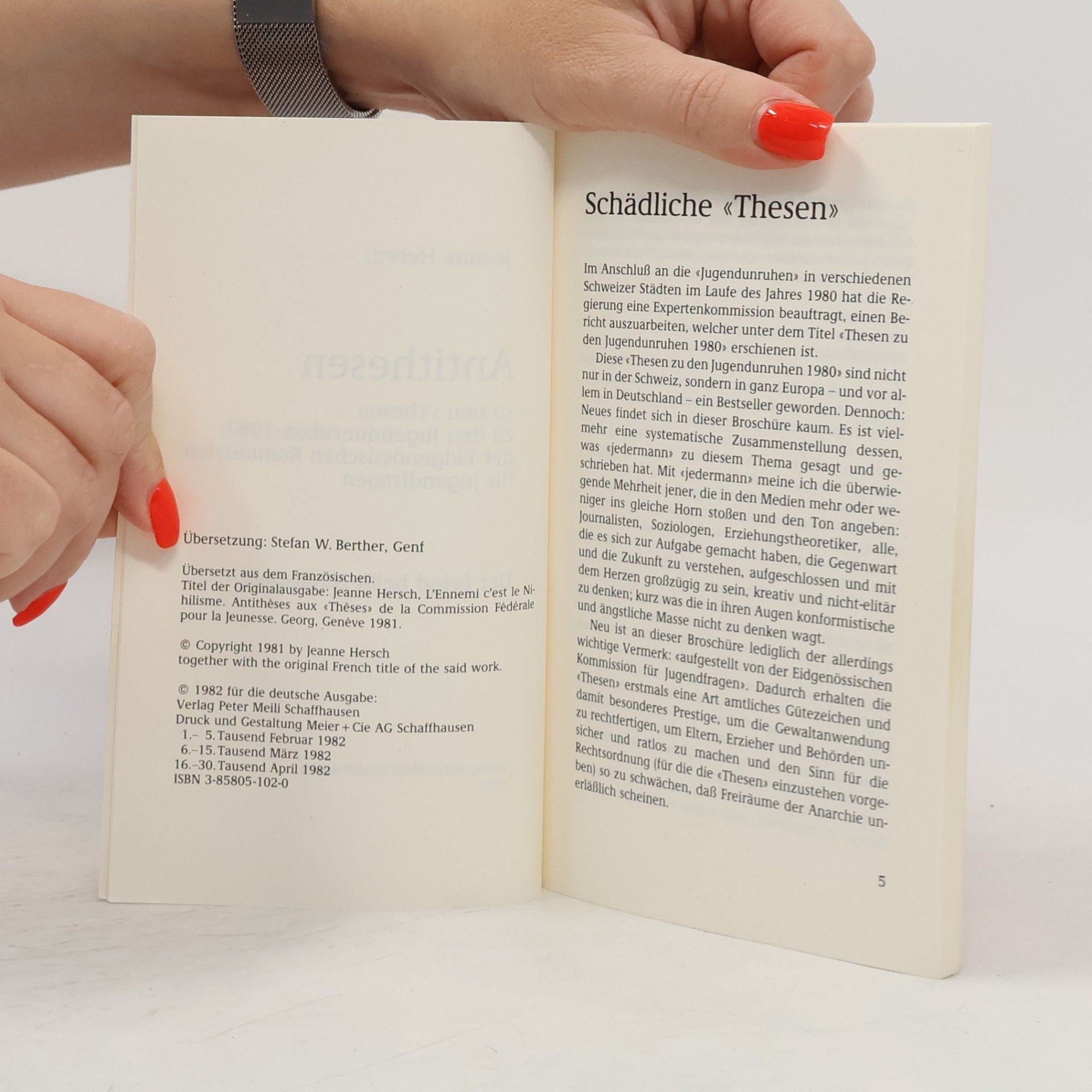 Jeanne Hersch Antithesen zu den "Thesen zu den Jugendunruhen 1980 [neunzehnhundertachtzig]" der Eidgenössischen Kommission für Jugendfragen - Der Feind heisst Nihilismus