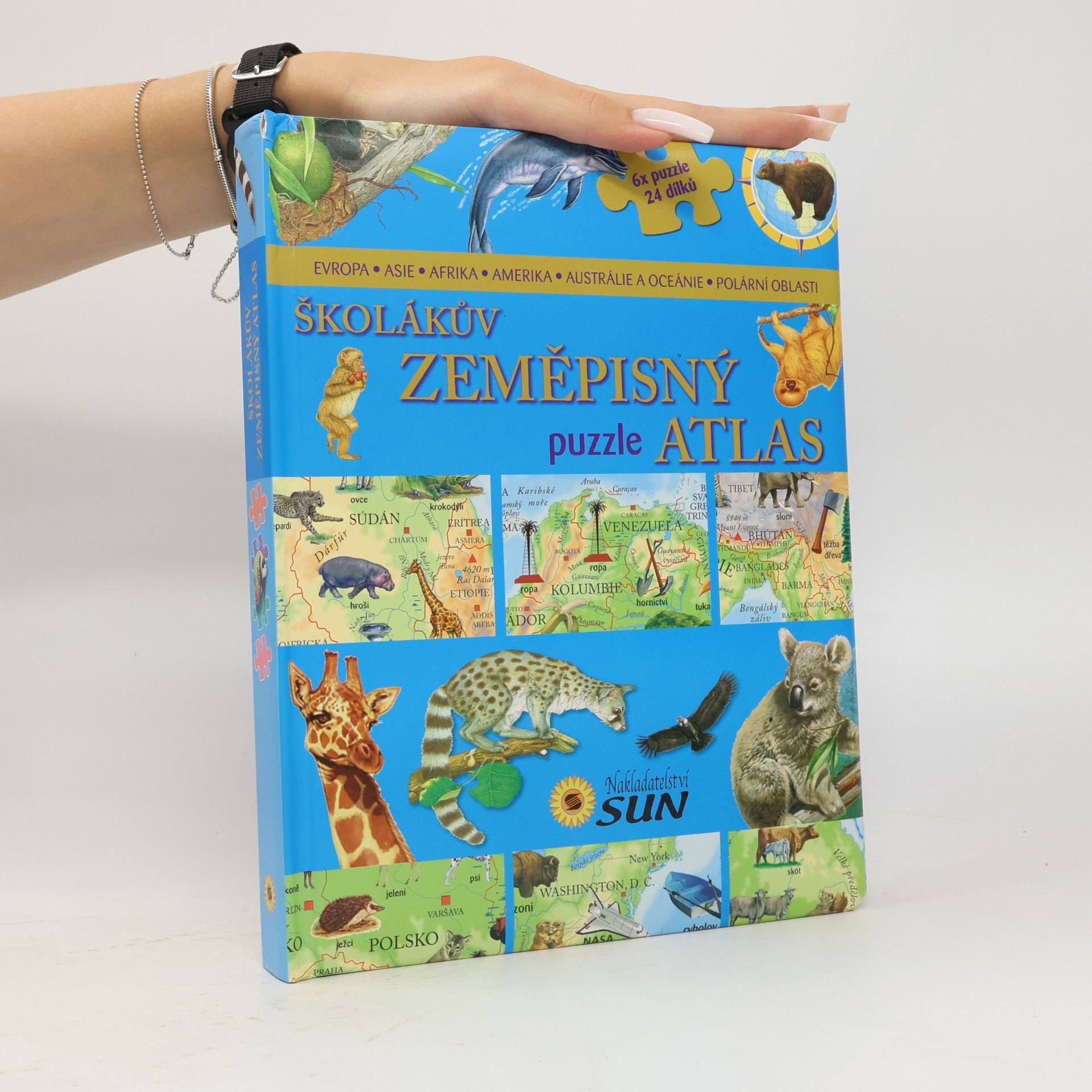 Školákův zeměpisný puzzle atlas : Evropa, Asie, Afrika, Amerika, Austrálie a Oceánie, polární oblasti