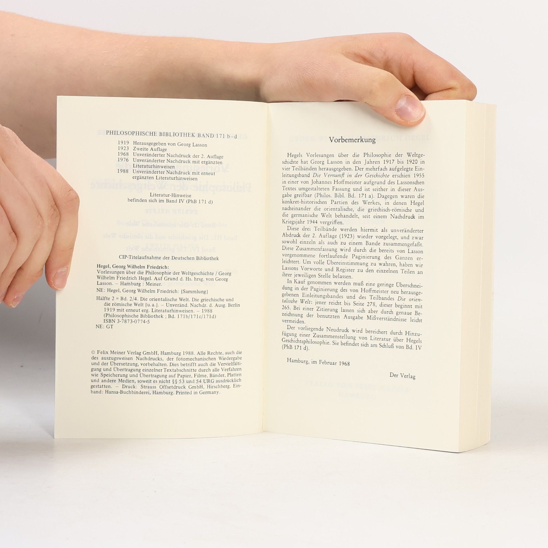 Georg Wilhelm Friedrich Hegel Philosophische Bibliothek - II-IV: Vorlesungen über die Philosophie der Weltgeschichte