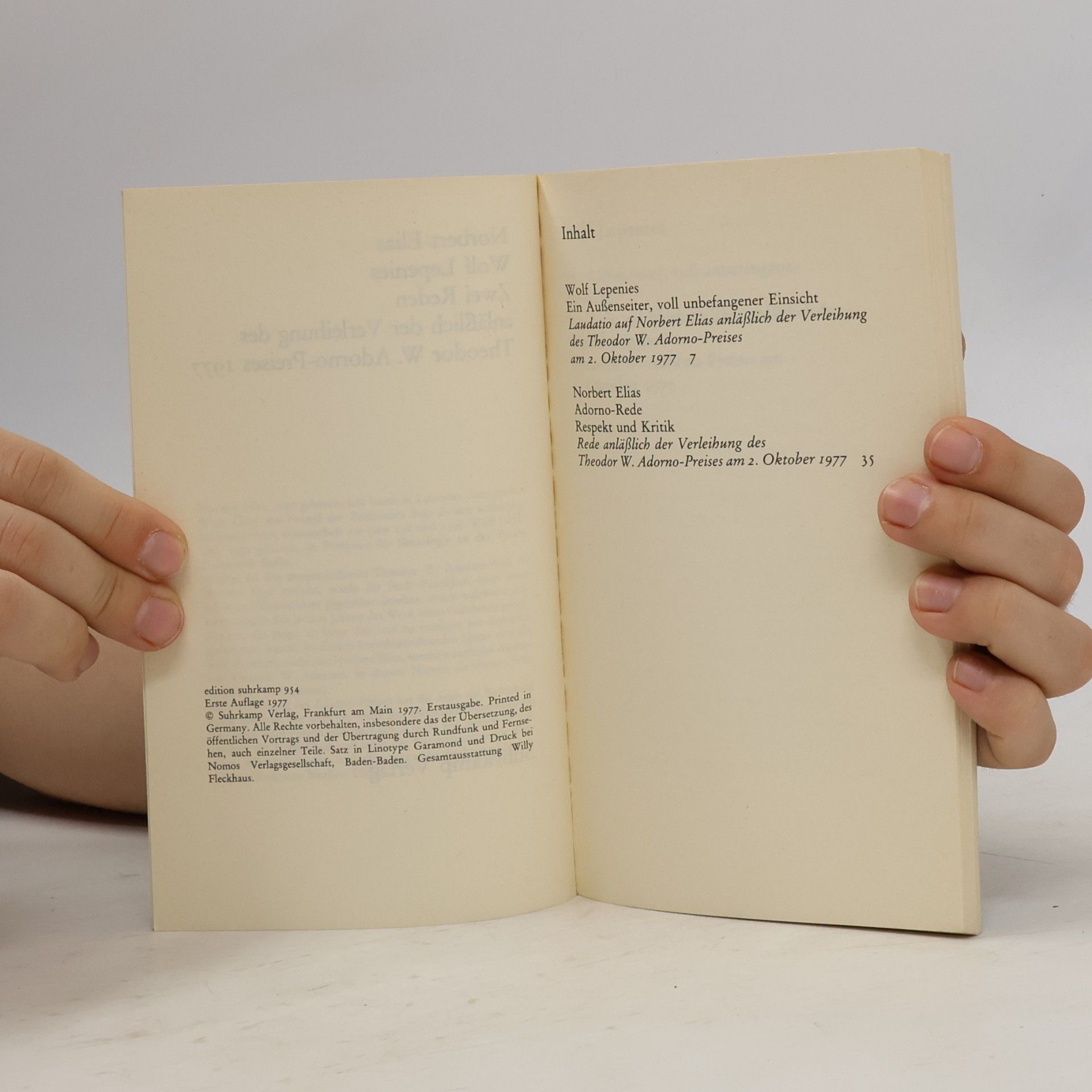 Norbert Elias Zwei Reden anläßlich der Verleihung des Theodor W. Adorno-Preises 1977