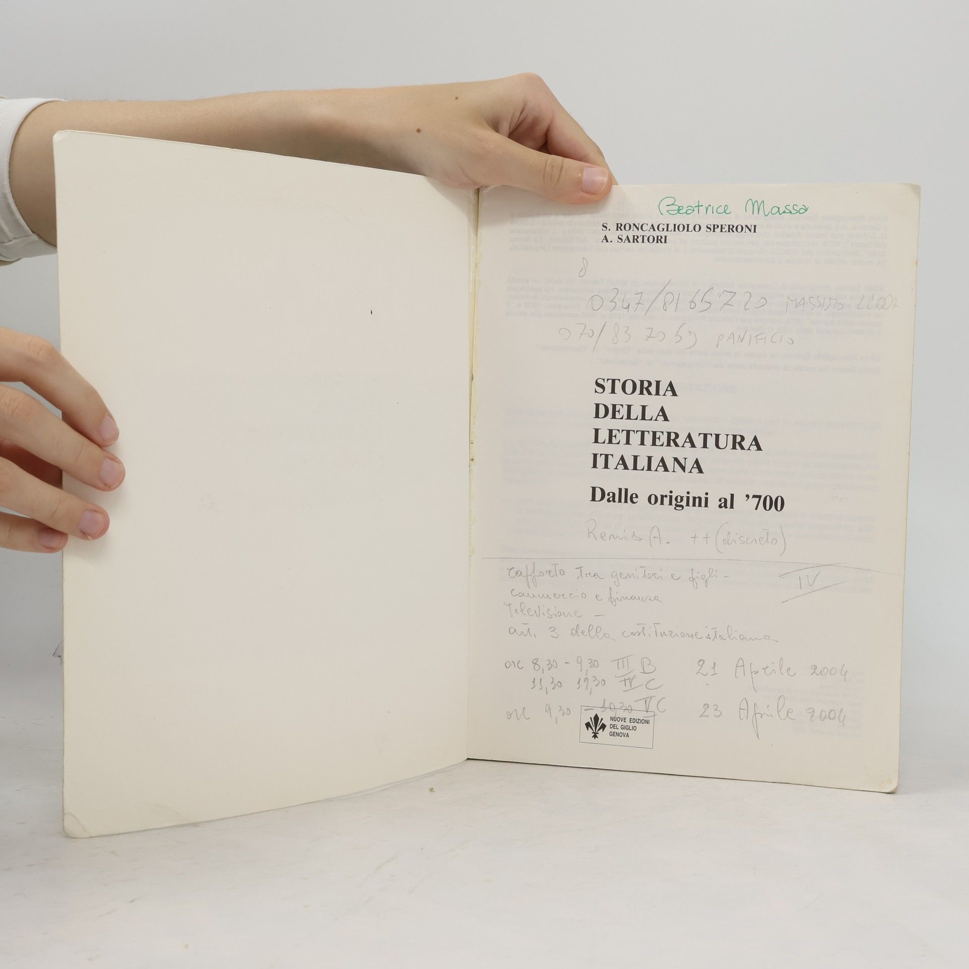 S. Roncagliolo Speroni Storia della letteratura italiana. Dalle origini al '700