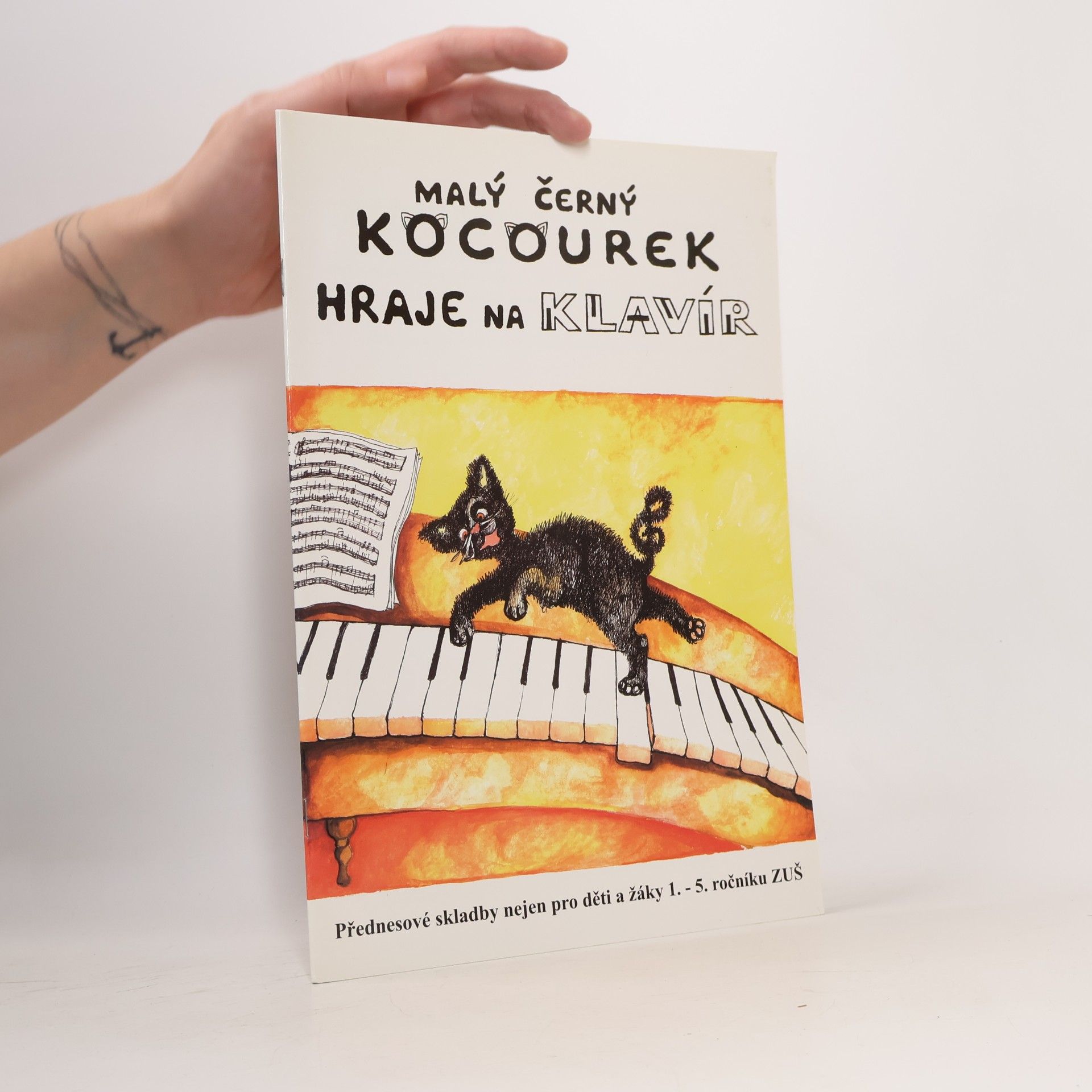 Malý černý kocourek hraje na klavír