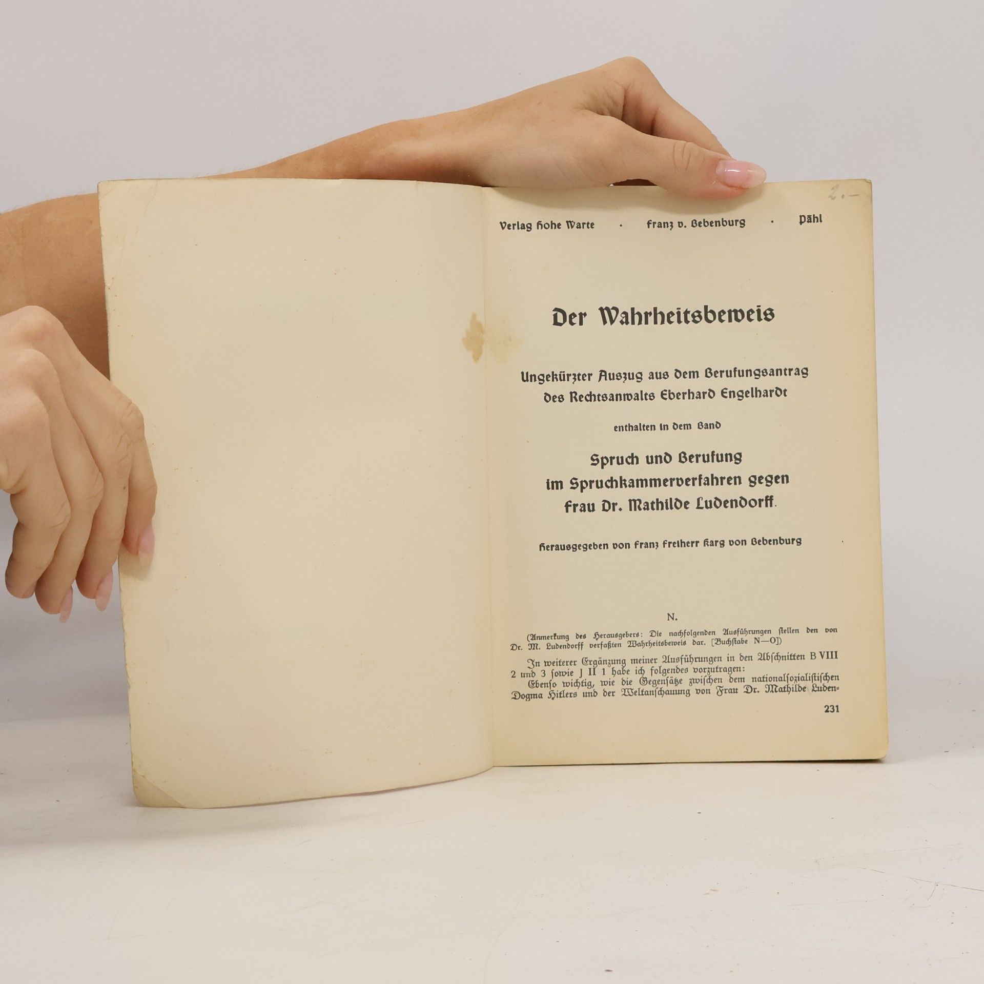 Mathilde Ludendorff Der Wahrheitsbeweis Spruchkammer-Verfahren gegen Dr. M. Ludendorff