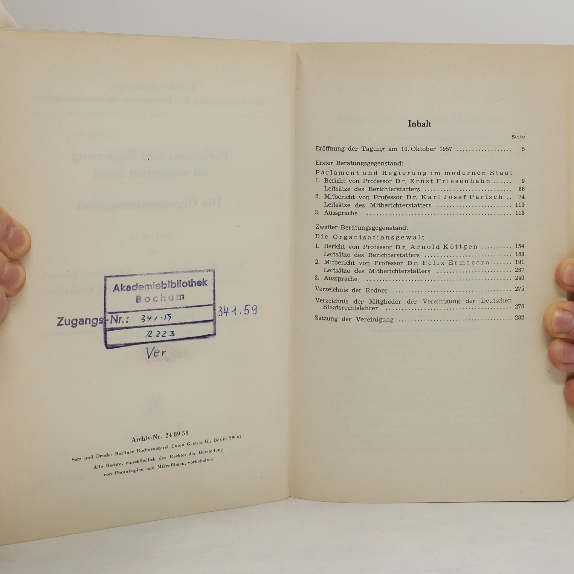 Ernst Friesenhahn Parlament und Regierung im modernen Staat / Die Organisationsgewalt
