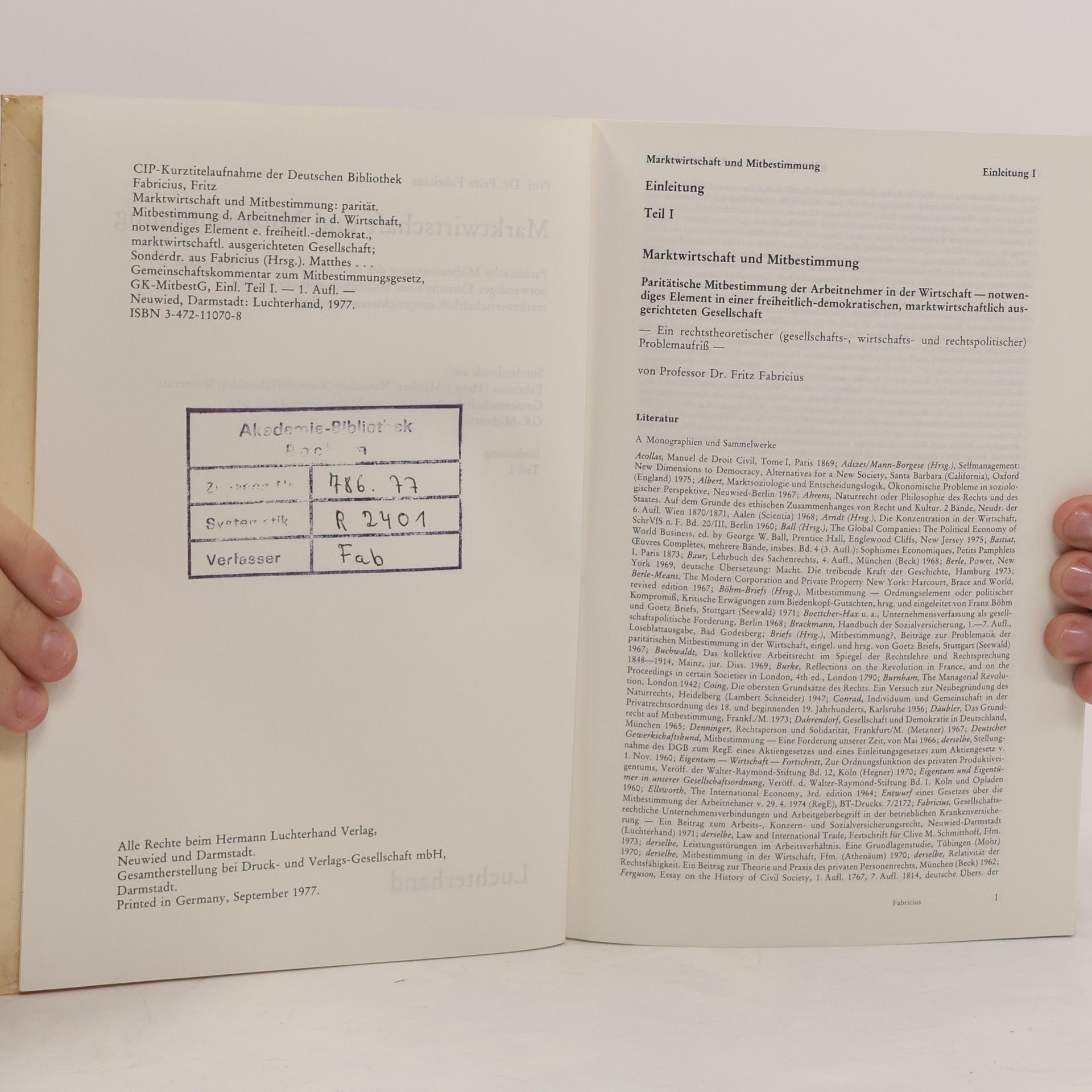 Fritz Fabricius Marktwirtschaft und Mitbestimmung