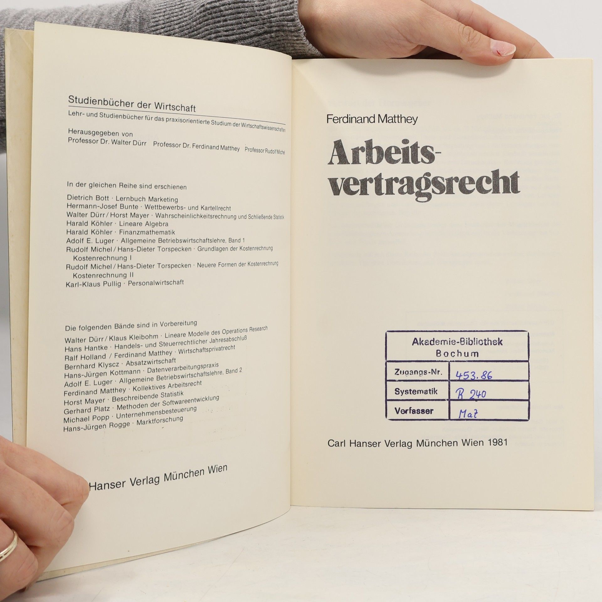 Ferdinand Matthey Studienbücher der Wirtschaft: Arbeitsvertragsrecht