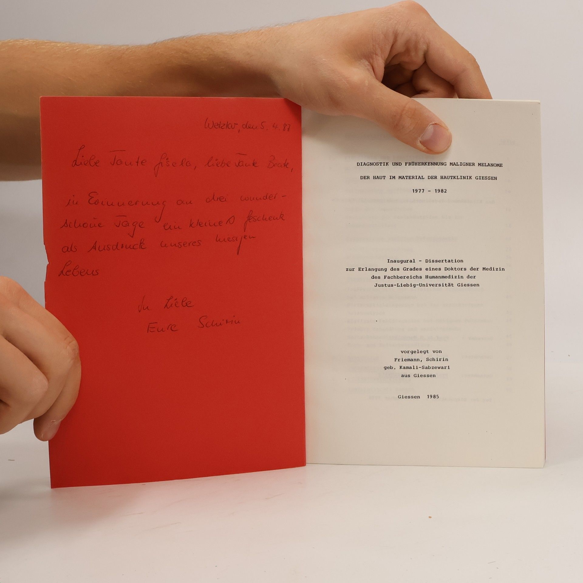 Friemann, Schirin Diagnostik und Früherkennung maligner Melanome der Haut im Material der Hautklinik Giessen 1977-1982