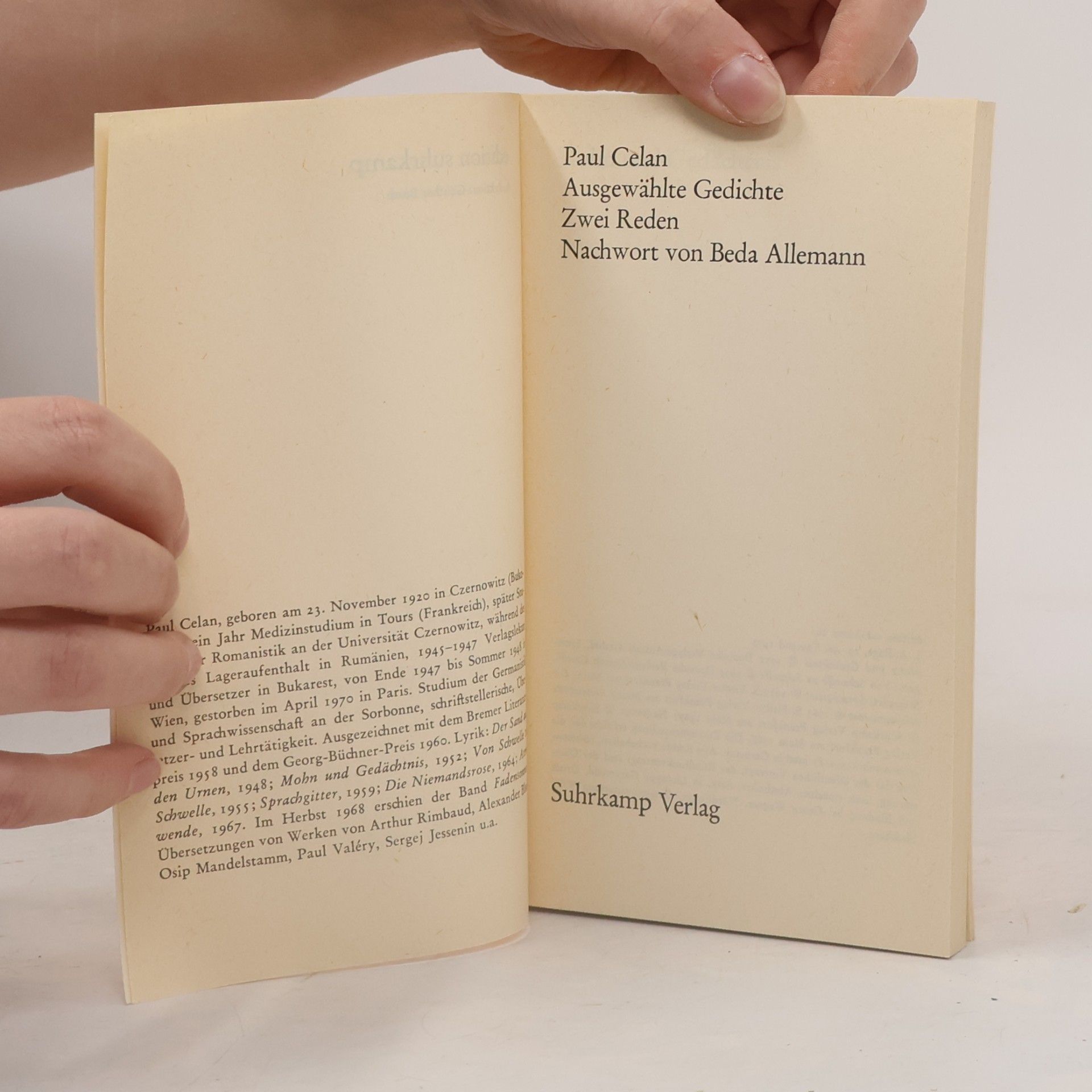 Paul Celan Ausgewählte Gedichte Nachwort Von Beda Allemann