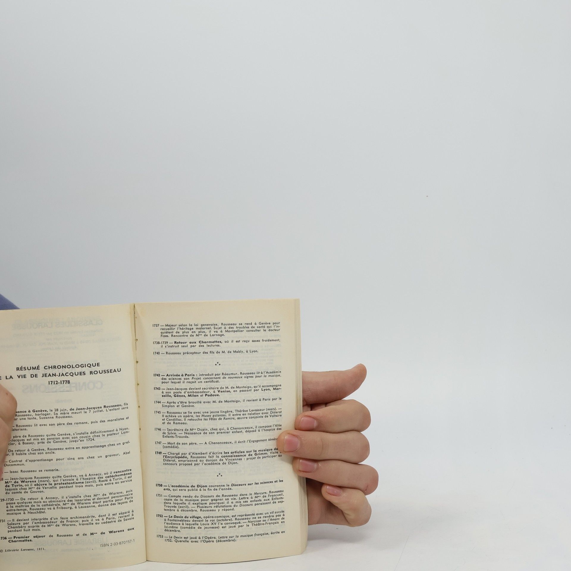 Jean-Jacques Rousseau Classiques Larousse - 1: Confessions 1 - Extraits