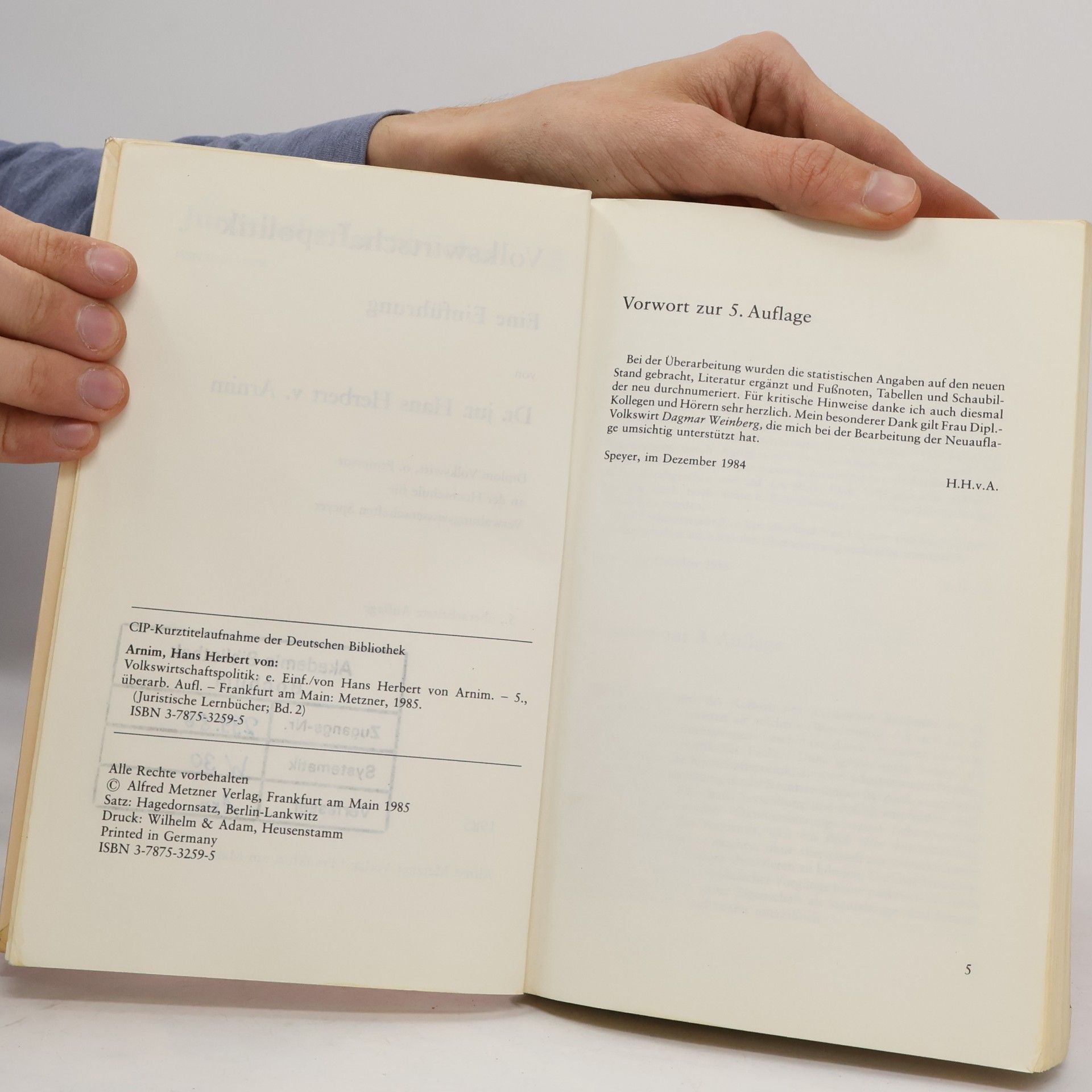 Hans Herbert von Arnim Volkswirtschaftspolitik - Fünfte, überarbeitete Auflage