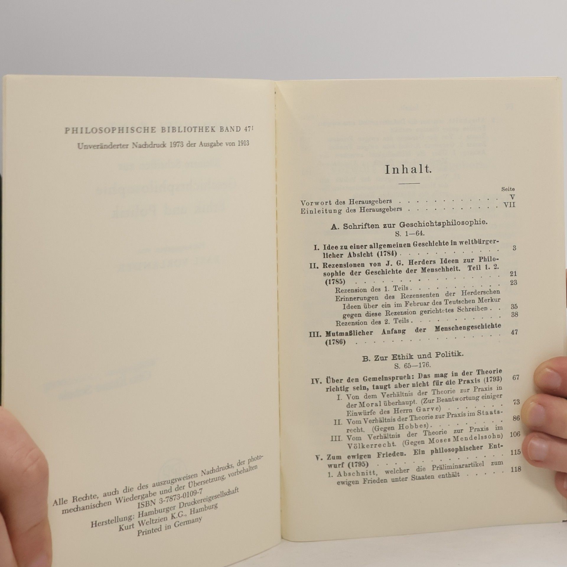Immanuel Kant Philosophische Bibliothek - 471: Kleinere Schriften zur Geschichtsphilosophie, Ethik und Politik