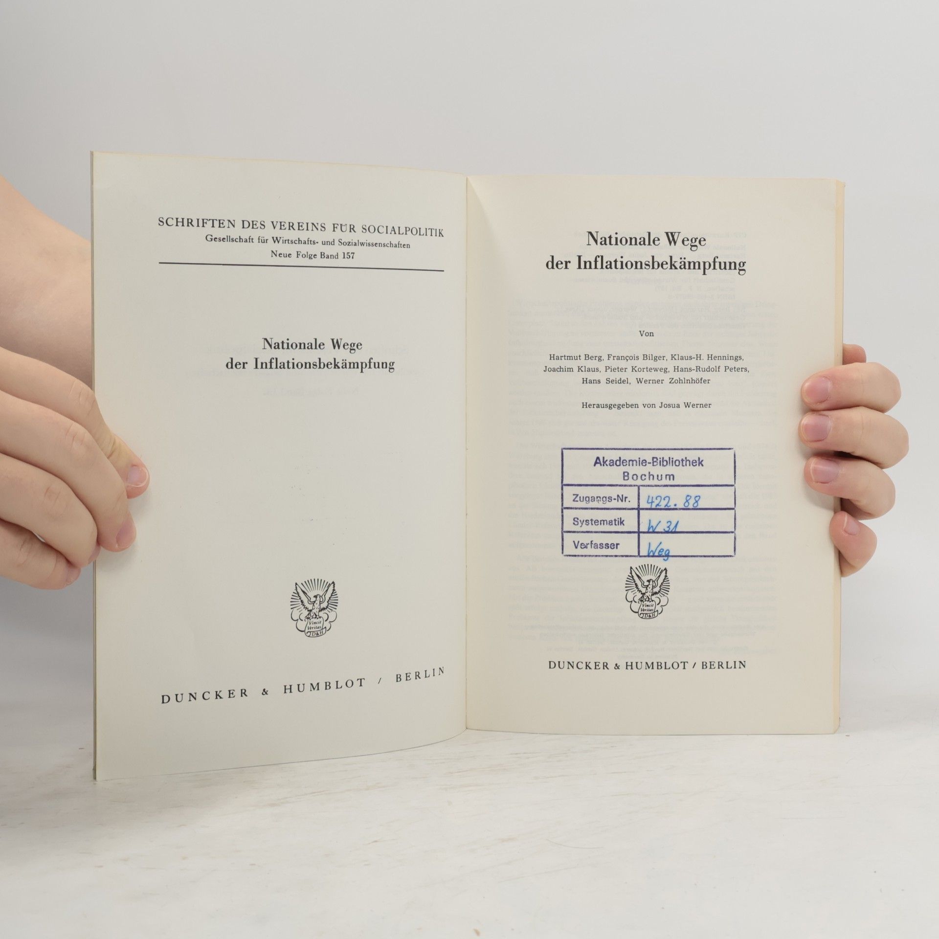 Hartmut Berghoff Schriften des Vereins für Socialpolitik, Gesellschaft für Wi - 157: Nationale Wege der Inflationsbekämpfung