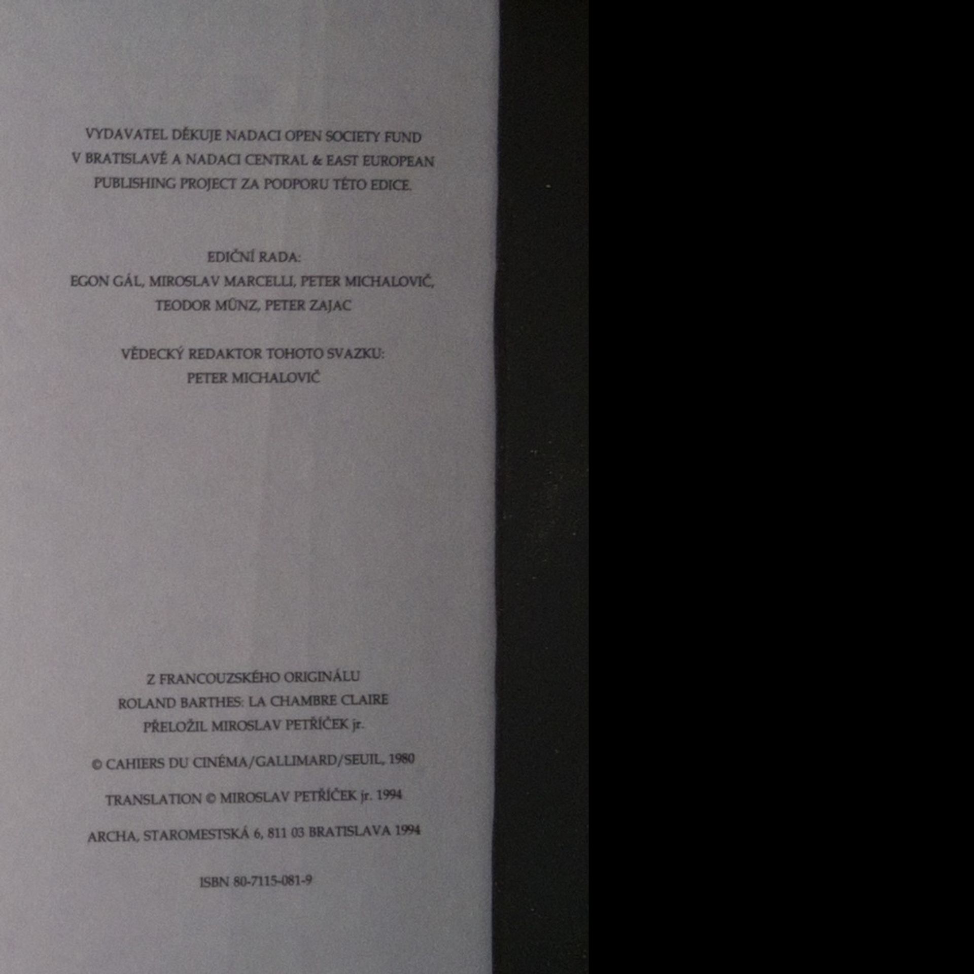 Roland Barthes Světlá komora. Vysvětlivka k fotografii